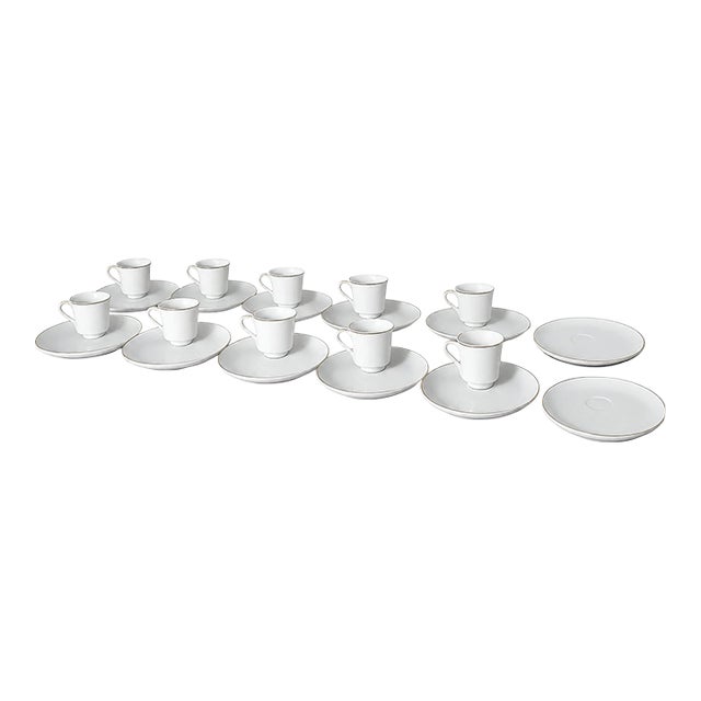 Vintage Saks Fifth Avenue Japanese Porcelain Dinnerware Set – White With Gold Trim – 12 Plates & 10 Cups - 22 Pieces For Sale