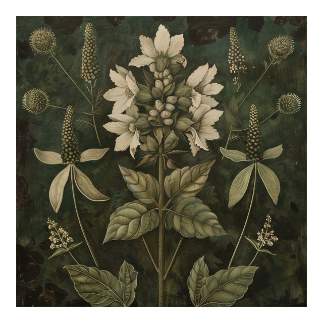 18" X 18" Original Botanical Fine Art Print - Dark Green Grisaille For Sale