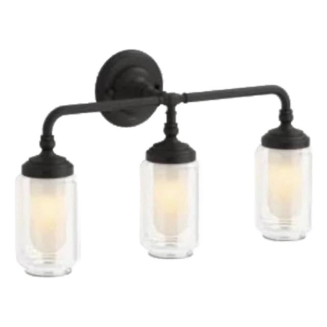 23” Kohler Artifacts 3-Light Matte Black Wall Sconce / Vanity Light – Clear Glass Shades For Sale