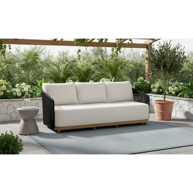 Alpine Teak Wood Outdoor Sofa With Black Rope Design For Sale - Image 4 of 14