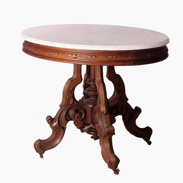 Late 19th Century Oversized Antique Victorian Walnut Brooks Oval Marble Top Parlor Table 1890 For Sale - Image 5 of 12