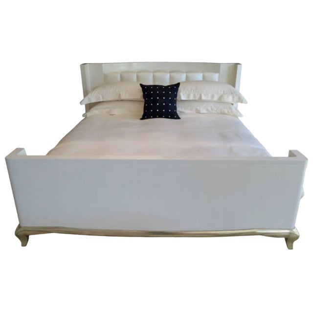 King Sized Hollywood Regency Style Bed With Radius Headboard and White Gold Leaf For Sale