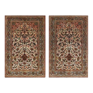 1920s Scatter Pair of Beige Field Floral Antique Kashan Knotted Wool Carpet Rug For Sale