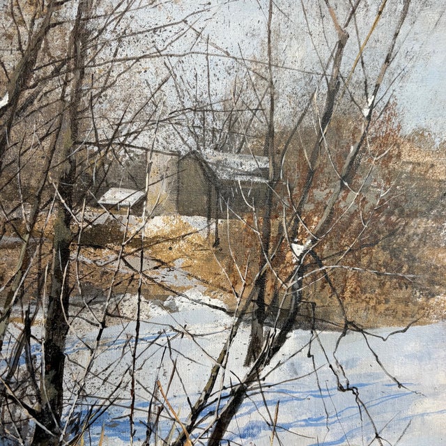 A serene American Impressionist winter landscape by Jaqui Blatchford (1924–2021), rendered in soft tonal brushwork and...
