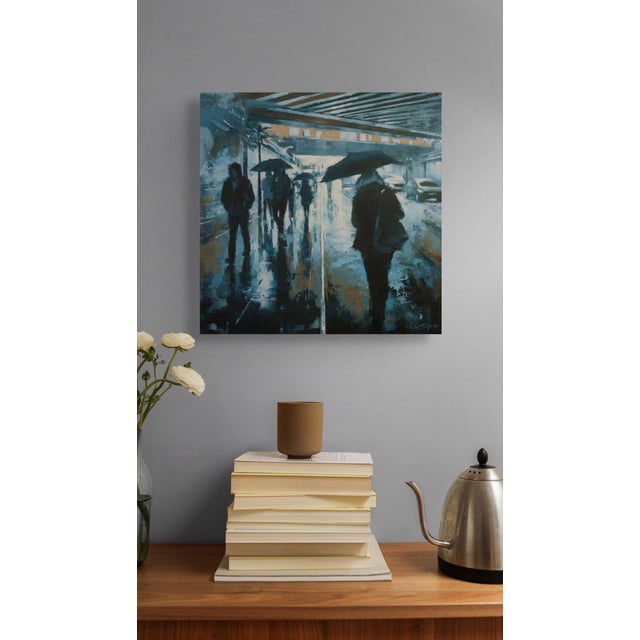 Early 21st Century London in Shades of Blue by Lindsey Kustusch | Oil on wood panel People walking with umbrellas in rain. For Sale - Image 5 of 5