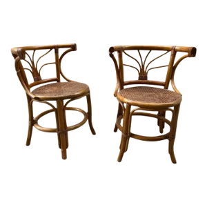 1980s Rattan Barrel Chairs With Cane Seats - a Pair