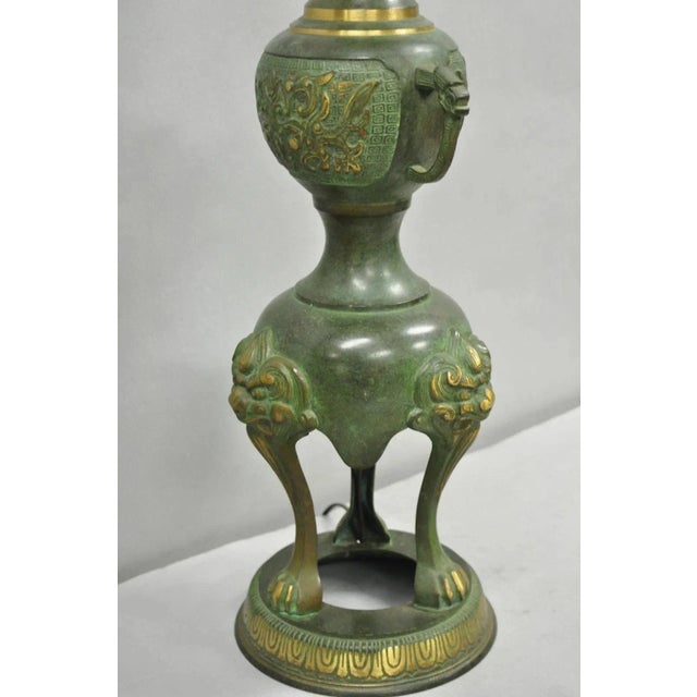 Early 20th Century Chinoiserie James Mont Style Green Bronze Chinese Foo Dog Table Lamps - A Pair For Sale - Image 13 of 14