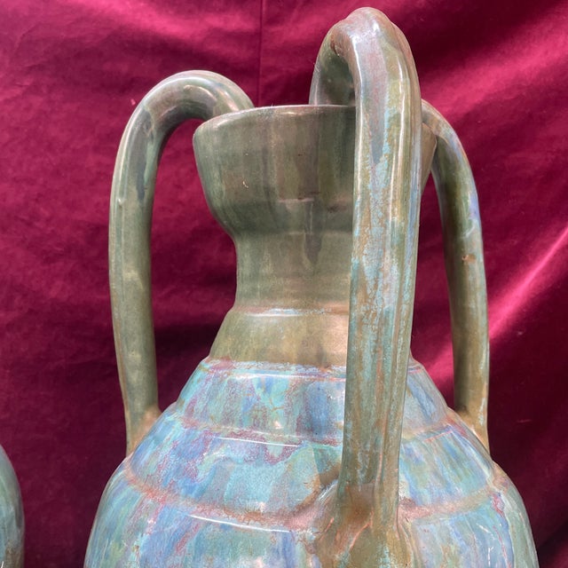 Pair of 1940s AR Cole Nc Spider Floor Vases Studio Art Pottery Drip Glaze 3 Handle For Sale - Image 10 of 12
