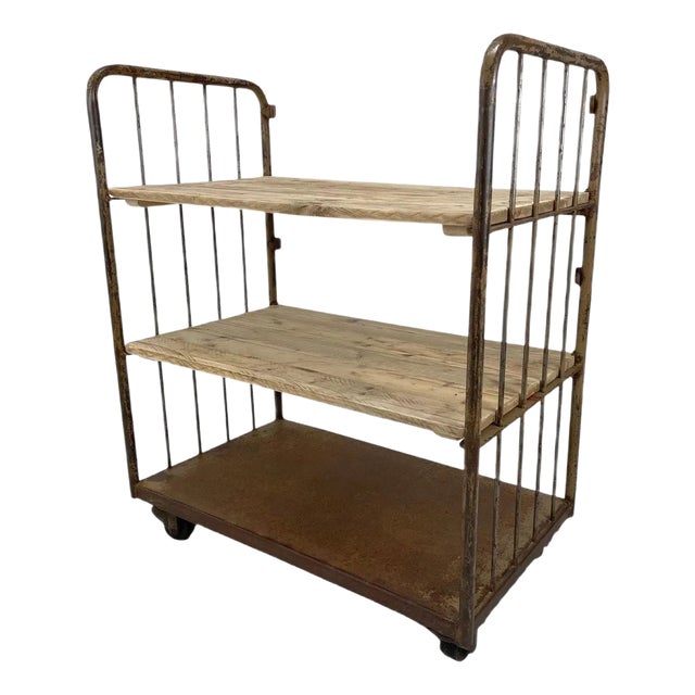 Vintage Industrial Iron and Wood Shelves on Wheels | Chairish