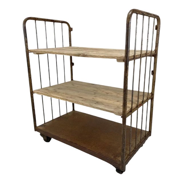 Vintage Industrial Iron and Wood Shelves on Wheels For Sale