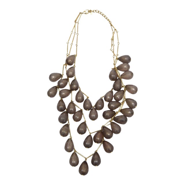 Vintage Gray Resin and Gilt Metal Beaded Three Strand Bib Necklace For Sale