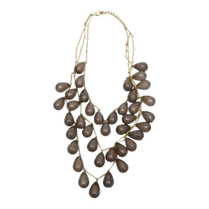 Vintage Gray Resin and Gilt Metal Beaded Three Strand Bib Necklace