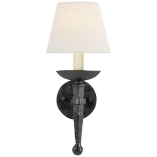 Chapman & Myers for Visual Comfort Signature Iron Torch Sconce in Black Rust with Linen Shade For Sale
