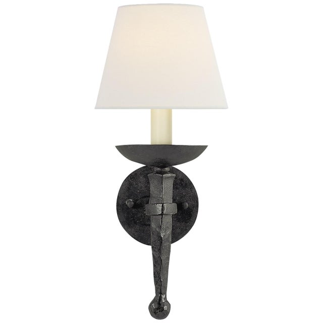 Chapman & Myers for Visual Comfort Signature Iron Torch Sconce in Black Rust with Linen Shade For Sale