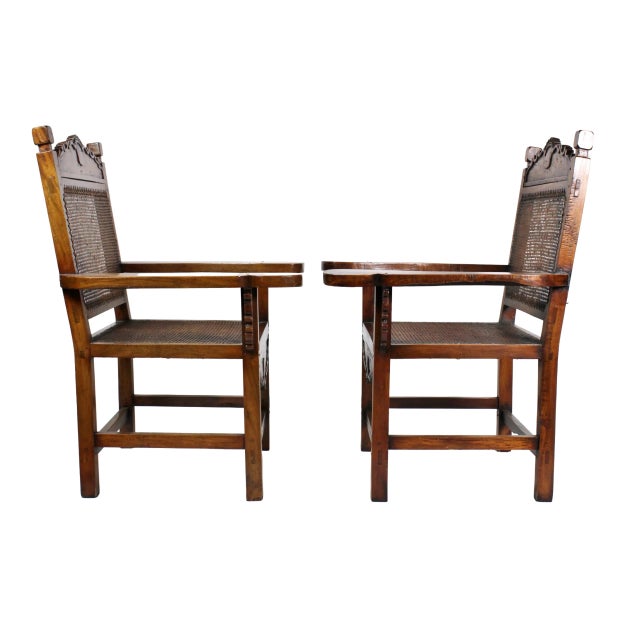 1940s Pair of Antique Handmade Caned Carved Anglo Indian Armchairs For Sale - Image 5 of 18