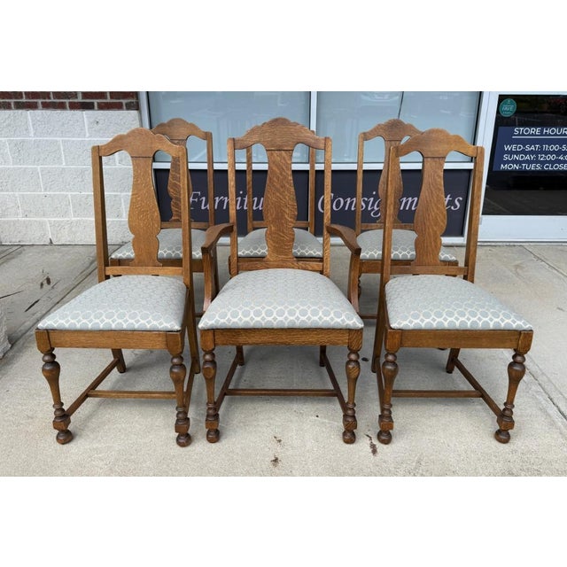 7 Piece j.b. Van Sciver Co. Refinished Antique Oak Round Dining Set With Two Leaves For Sale - Image 14 of 18
