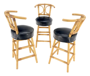Set of 3 Black Vinyl Upholstery Bamboo Bar Stools Mid Century Modern