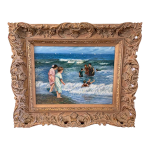 Vintage Impressionist Beach Scene Oil Canvas Wood Frame 23.5 X 19.5 X3” Signed