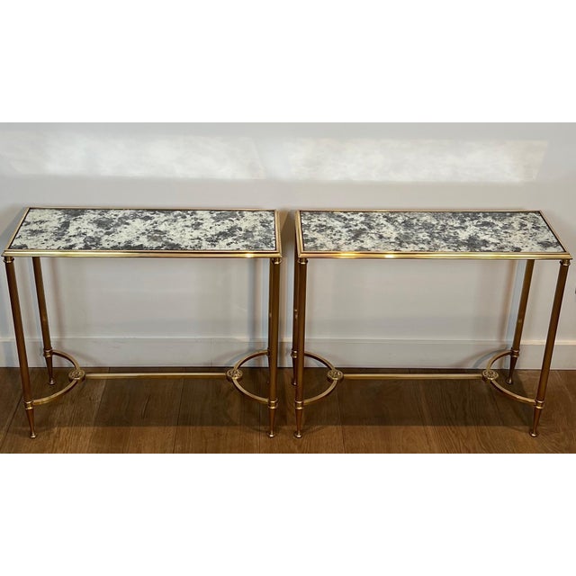 1940s Pair of brass side tables with oxidized mirror tops by Maison Baguès For Sale - Image 11 of 12