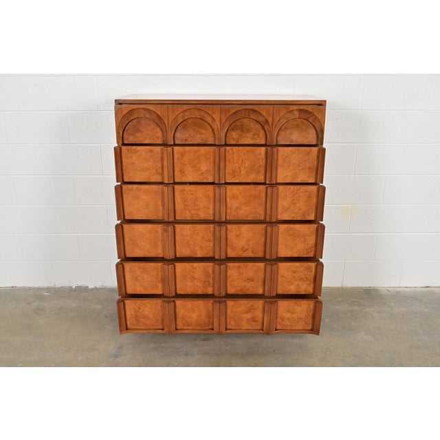 1960s T. H. Robsjohn-Gibbings Style Cherry and Burl Wood Highboy Dresser by Thomasville, 1960s For Sale - Image 5 of 12