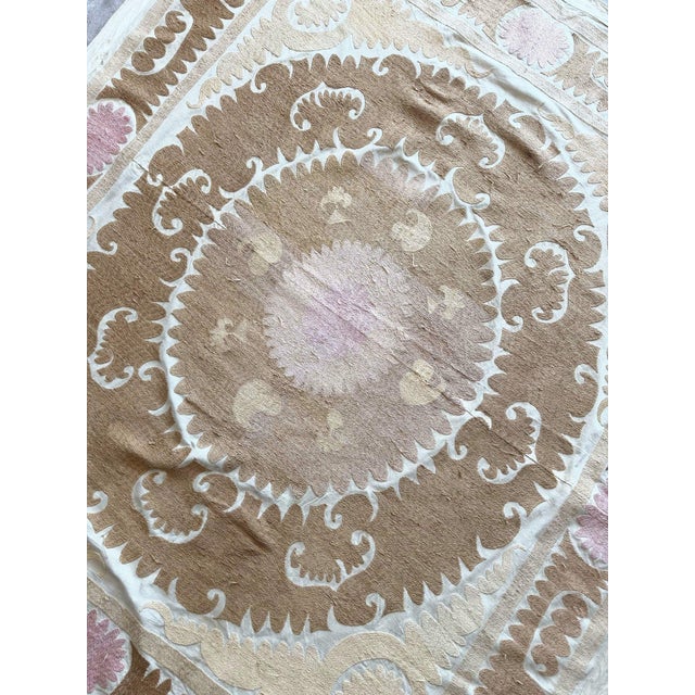 Tan Hand-Embroidered Neutral Tan Suzani Wall Hanging Decor 5'2'' X 5'4'' For Sale - Image 8 of 9