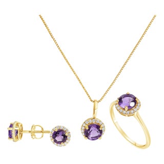 10K Yellow Gold Purple Amethyst and 3/8 Cttw Diamond Halo Jewelry Set (Earrings, Pendant & Ring) For Sale