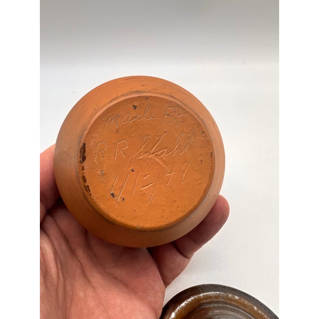 A Antique Folk Art Small Redware Crock With Lid, by Stahl's Pottery, Powder Valley, Pa, Circa 1930's For Sale - Image 9 of 12