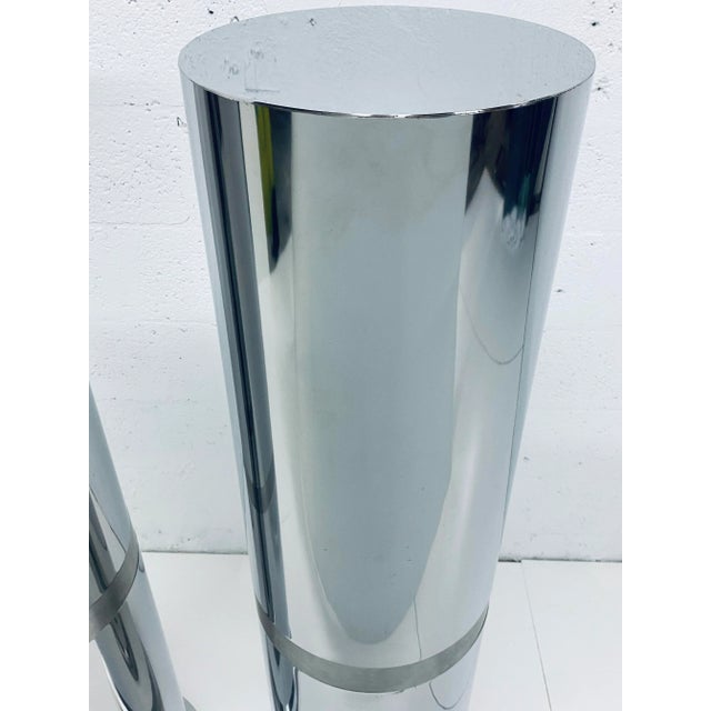 Chrome Polished Steel Tall Circular Pedestal Tables With Brushed Steel Banding - a Pair For Sale - Image 8 of 13