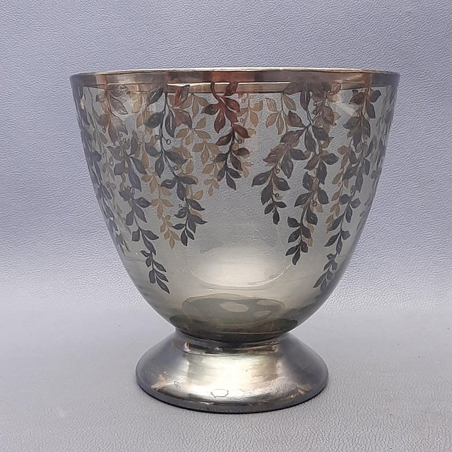 Vintage Fume Murano Glass Vase Centerpiece Cup with Silver Leaves, 1950s For Sale - Image 4 of 16