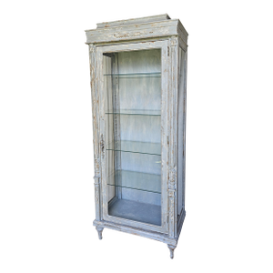 1930s Vitrine Cabinet, French Bluish Display Cabinet/ Case, Cracked / Peeling Finish