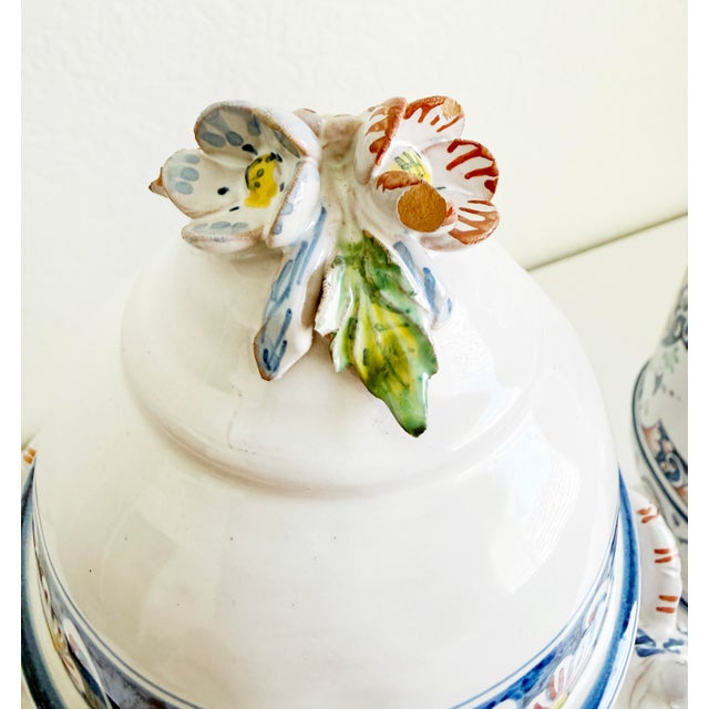 Pair of Mid-Century French Hand Painted Faience Urns With Ram Head Handles For Sale - Image 15 of 18