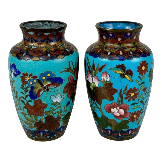 Antique Chinese Cloisonne Turquoise Enamel & Brass Floral Vase - a Pair For Sale