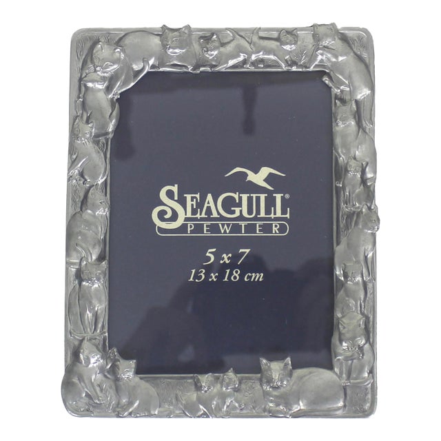 Vintage Pewter Cat Picture Frame 5 X 7 Large Seagull Canada Easel Table Top Photograph Portrait Rectangular Photo Pf230 For Sale