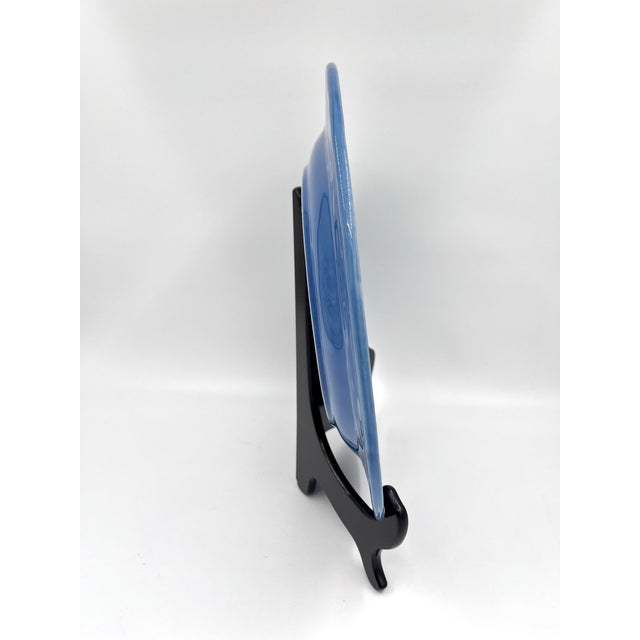 Ceramic Vintage Blue Bordallo Pinheiro Majolica Style Blue Oval Serving Platter With Embossed Olive Branch D For Sale - Image 7 of 9