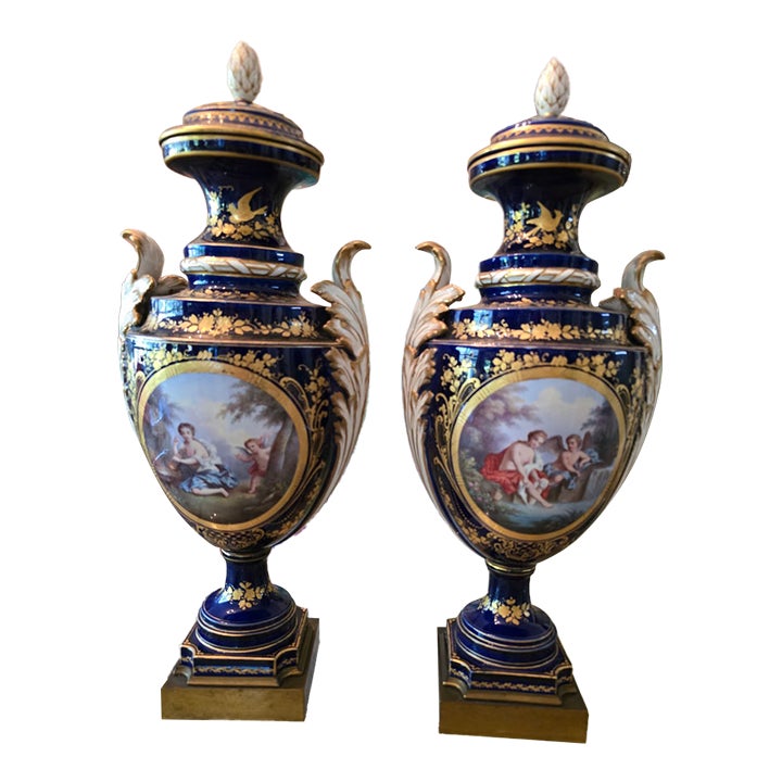Antique Cobalt Blue Porcelain Pr Urns Attributed to Sevres | Chairish