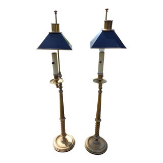 Chapman Brass Floor Lamps With Black Tole Shades - a Pair For Sale