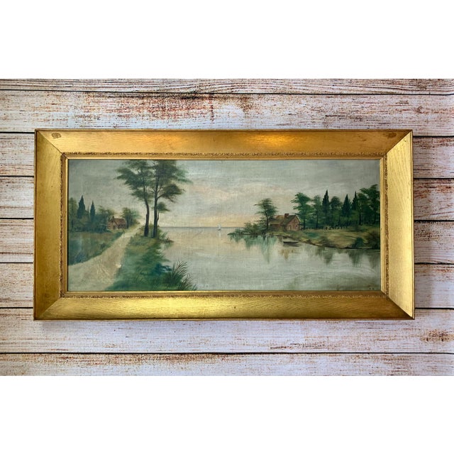 Oil on canvas circa 1818, signed M.R. Showcased in a sleek and sturdy giltwood frame. Soothing cottage retreat on the...