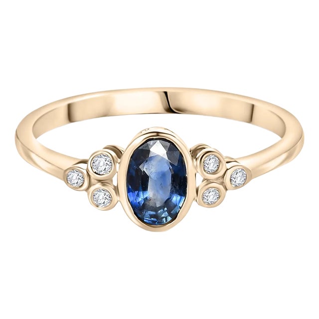 Oval Cut Blue Sapphire and Diamond 14k Gold Ring Size 6.5 For Sale