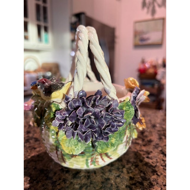 Shabby Chic Early Capodimonte Basket Bowl With Applied Flowers and Birds For Sale - Image 3 of 6