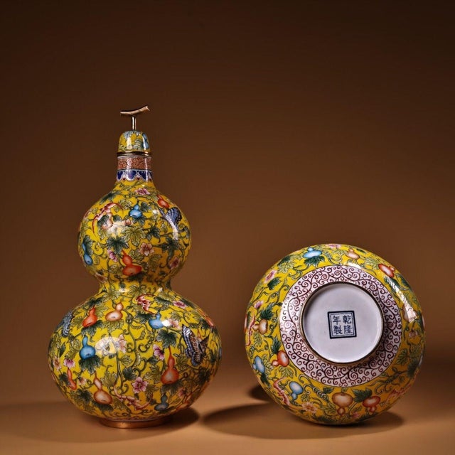 Traditional Late 20th Century Pair of Gilt Bronze Cloisonné Enamel Double-Gourd Vases With Butterfly and Gourd Motif For Sale - Image 3 of 10