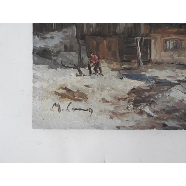 Vintage impressionist oil on canvas on wood panel rustic winter cabin scene with chickens. Signed illegibly lower left...