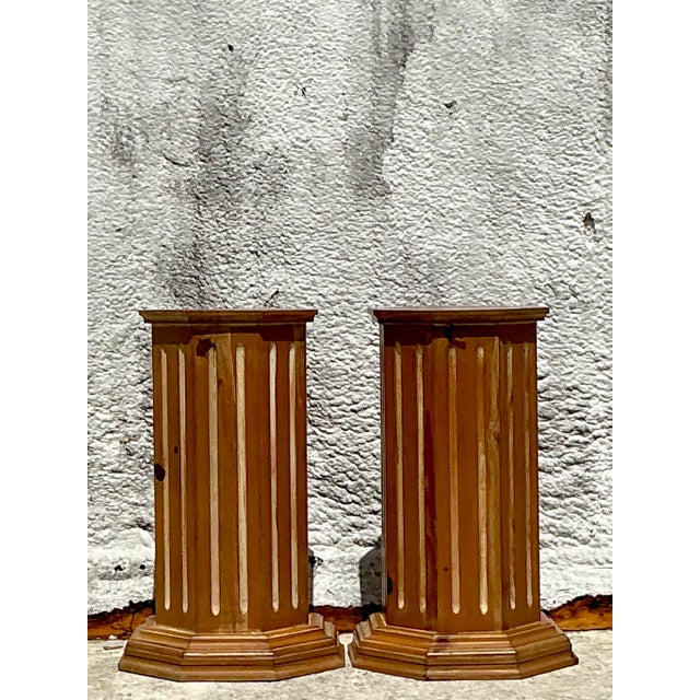 Wood Vintage Boho Knotty Pine Column Pedestals - Set of 2 For Sale - Image 7 of 12