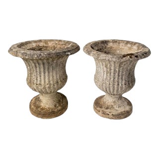 Pair of Vintage Mid-Century Fluted Cast Stone Garden Urns For Sale