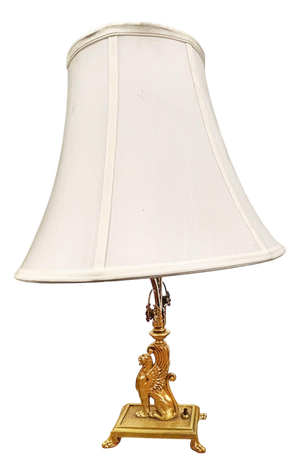 1930 Hollywood Regency Cast Bronze Scrolling Griffin Table Lamp W/ Lamp Shade