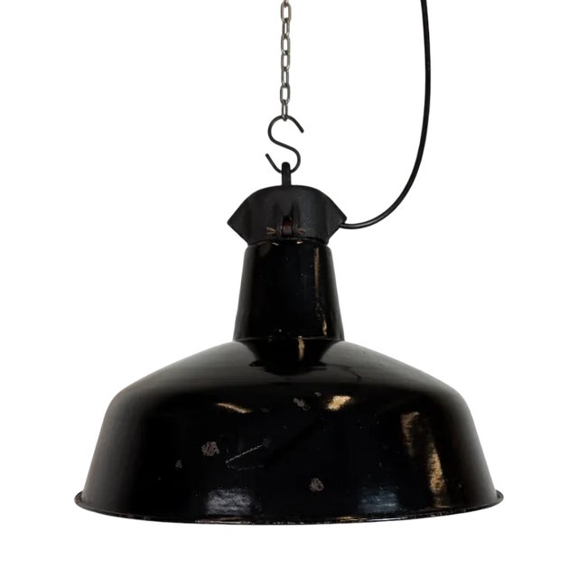 Industrial Black Enamel Factory Lamp with Cast Iron Top from Elektrosvit, 1950s For Sale