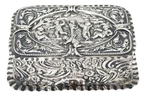 Victorian Sterling Silver Repoussé Trinket Box Putti Garden Scene, London, 1886