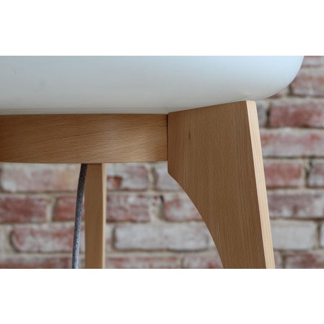 Space Age Floor Lamp with White Glass Lampshade and Wooden Tripod Base, 1960s For Sale - Image 4 of 8