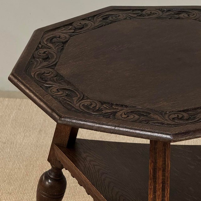 Antique English Nine Sided Carved Oak Spool Leg Occasional Table For Sale - Image 16 of 17