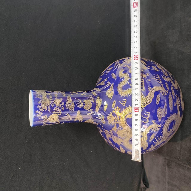 Chinese Ceramic Vase,Kangxi Marked Blue Ground Gold Drawing Porcelain Tianqiu Vase Hand Painted Dragon Pattern For Sale - Image 13 of 13