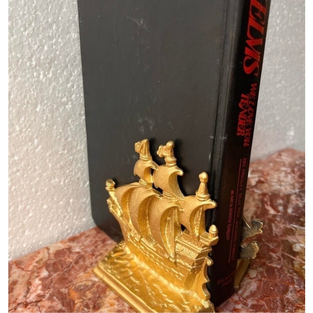 Antique Bronze Gilded Bookend Sailing Boat 1803 Galleon Time of Elizabeth Stamp For Sale In Greensboro - Image 6 of 10